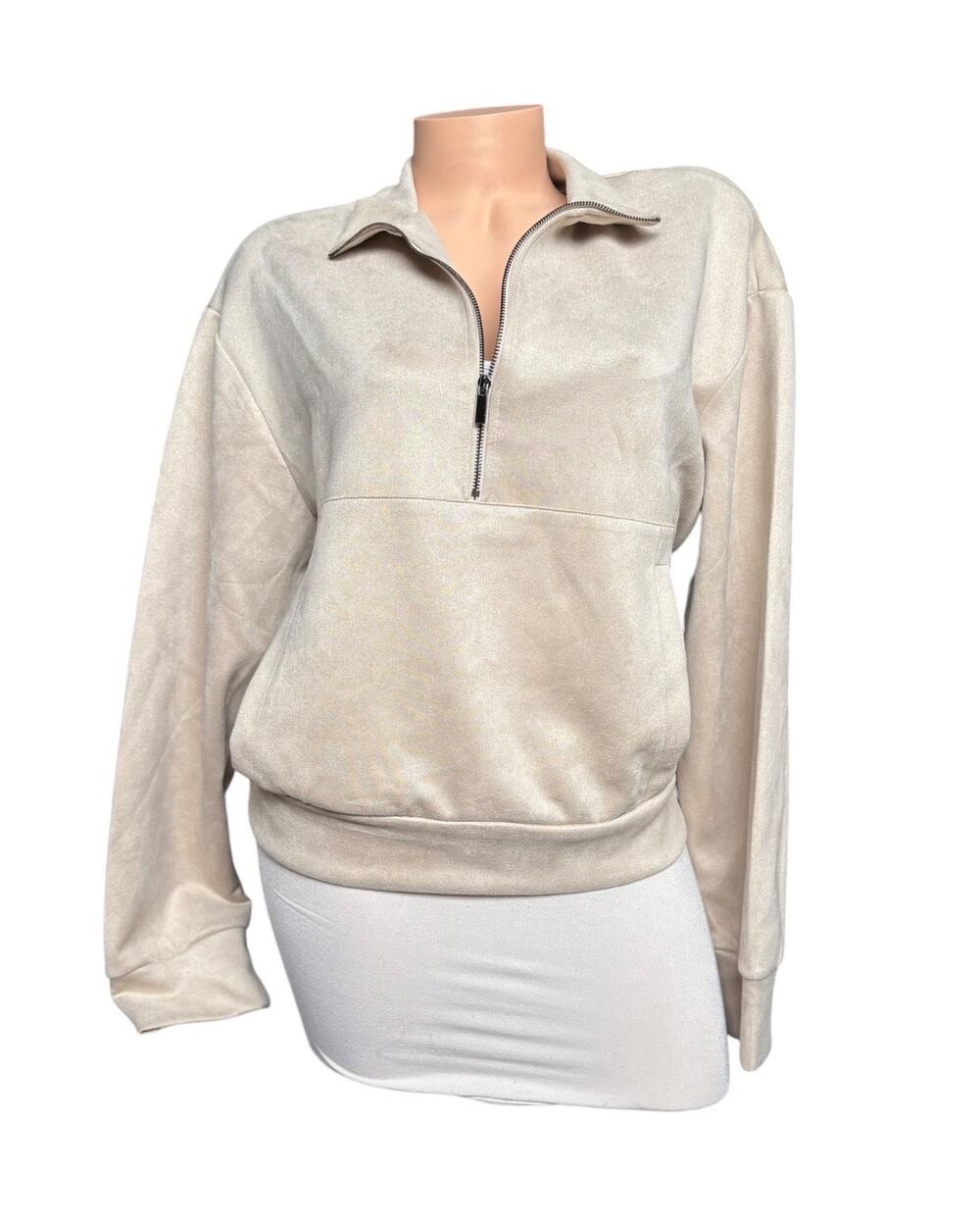 Tahari Womens Size Large Faux Suede Quarter-Zip Pullover Sweatshirt Cream/Beige